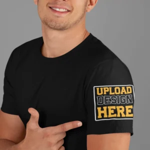 Model wearing premium black t-shirt - print on sleeve from DivineBonds