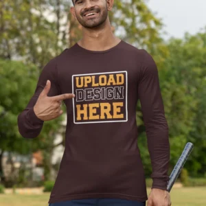 Happy man playing cricket wearing a custom maroon full sleeve V-neck T-shirt – DivineBonds