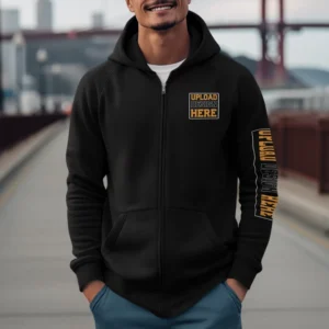 Men’s full zip hoodie with custom print, shown on a man standing on a bridge – mens zip hoodies custom print