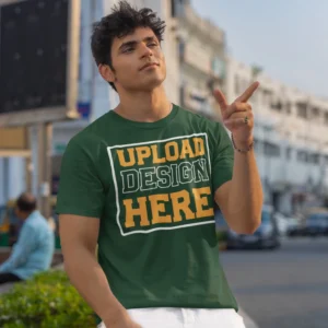 Man wearing bottle green round neck t-shirt for men - premium cotton, ideal for gifting and casual wear
