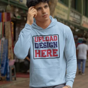 Man wearing a baby blue custom hoodie on the street - stylish, premium cotton hoodie for men from DivineBonds