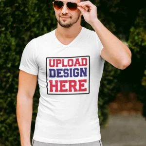Man wearing a white V neck T-shirt for men – customizable tee by DivineBonds