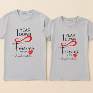 Light grey 1 year anniversary couple t-shirt set featuring the quote “1 Year Down Forever to Go” with red infinity artwork and personalized names.