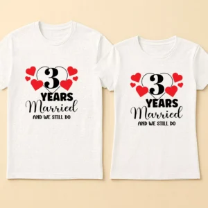 Matching couple t-shirts with heart print used as 3 years anniversary couple gifts