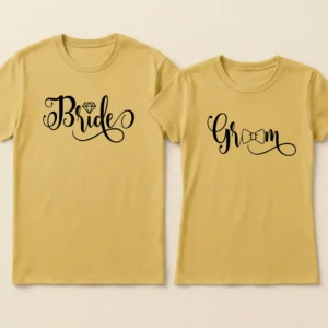 Elegant bride groom couple t shirts with wedding script design for newly married couples