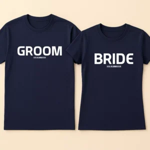 Bride groom matching t shirts for wedding featuring coordinated design for couples on their wedding day