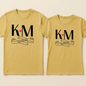 Customized initial couple t shirts with name and date printed on matching couple t-shirts