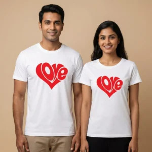 Custom Red Heart Love Print Couple T-Shirts
