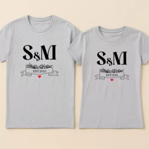 Initial printed couple t shirts for wedding with classic EST year and personalized initials design