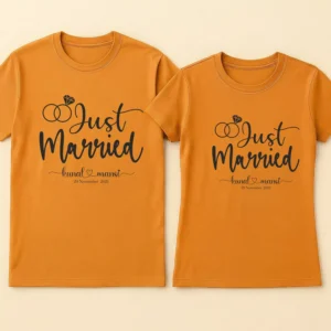 Just married couple t-shirts anniversary set with matching wedding-themed print