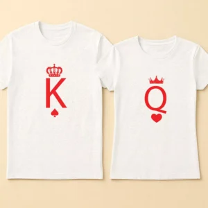 White cotton king queen initial couple t shirts featuring red K and Q typography with crown and card suit symbols.
