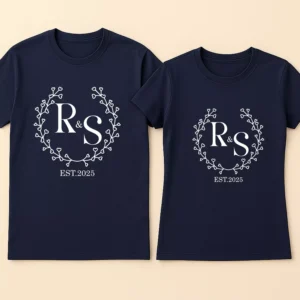 Elegant personalized couple initial t shirts featuring custom initials in a classic wreath design for matching couples.