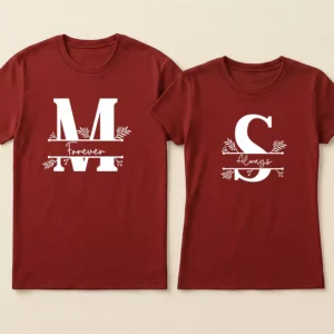Personalized initial couple t shirts with Forever and Always design in matching couple set