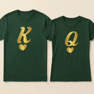 Dark green personalized king queen couple t shirts featuring gold K and Q initials with heart icons.
