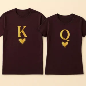 Matching Couple T-Shirts 4 Maroon personalized king queen couple t shirts featuring gold K and Q initials with heart design.