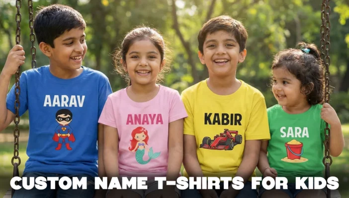 Personalized name t-shirts for kids with custom printed names – Aarav, Anaya, Kabir and Sara wearing colorful kidswear