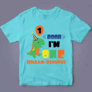 Personalised dinosaur first birthday T-shirt for kids flatlay