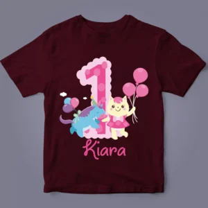 Flatlay of personalised 1st birthday character name kids T-shirt