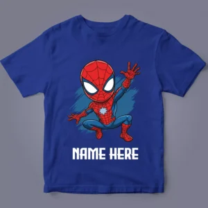 Flatlay of personalised spider web hero name kids T-shirt