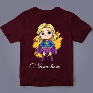 Flatlay of personalised superhero kids T-shirt with name