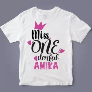 Flatlay of personalised Miss ONEderful first birthday T-shirt for girls