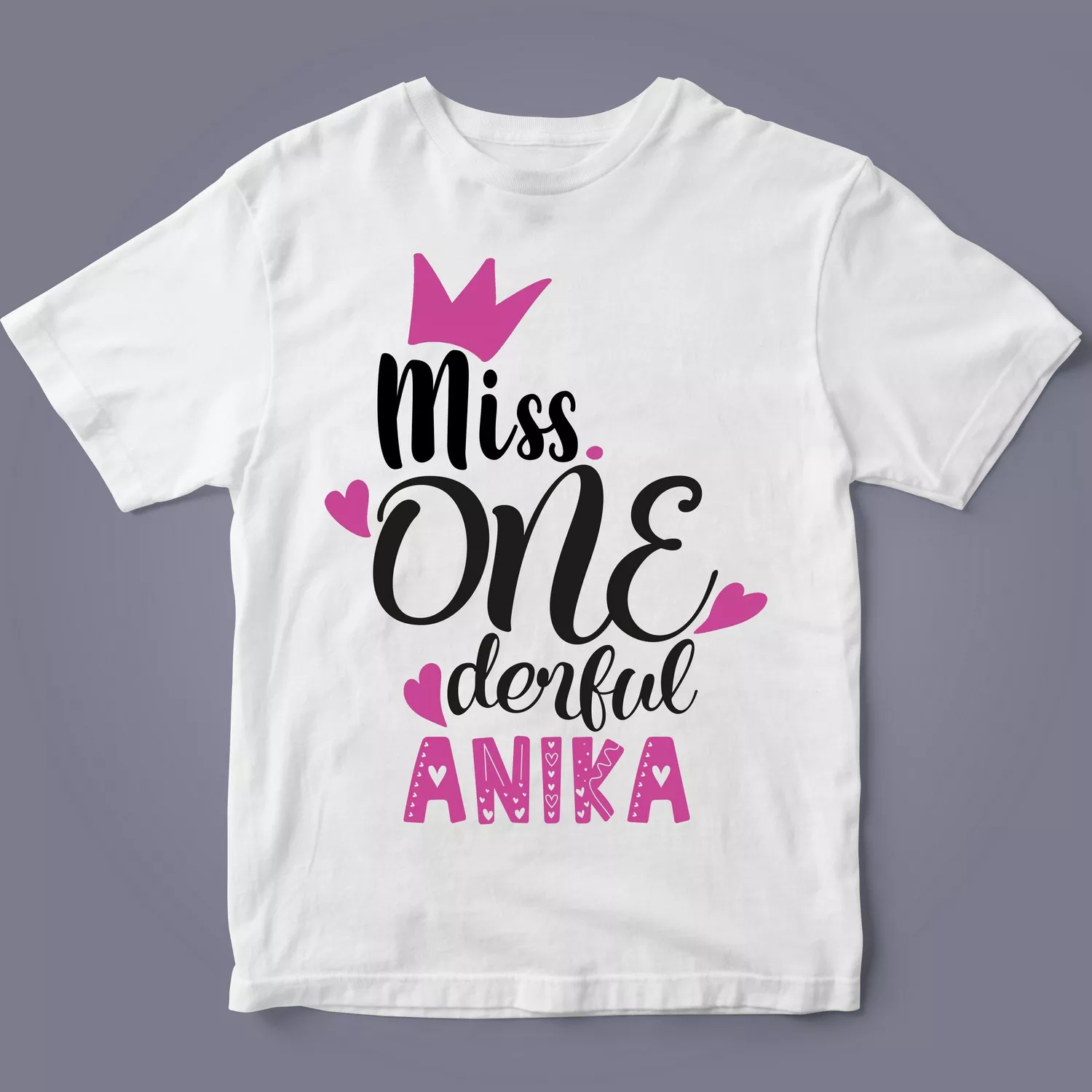 Personalised 1st Birthday Miss ONEderful Name T-Shirt for Girls | Divine Bonds 2 Flatlay of personalised Miss ONEderful first birthday T-shirt for girls
