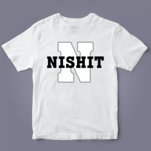 White monogram initial personalized kids T-shirt flatlay