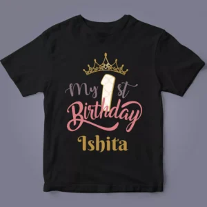Black personalised 1st birthday crown name T-shirt for kids