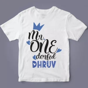 Flatlay of personalised 1st birthday boys Mr ONEderful T-shirt