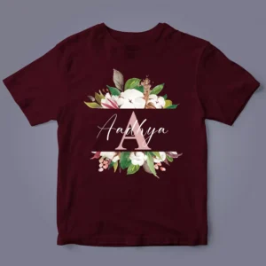 Floral initial custom name kids T-shirt flatlay