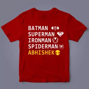 Red superhero personalized name kids T-shirt flatlay