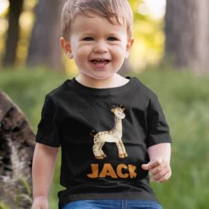 Animal theme personalized name kids T-shirt with giraffe design