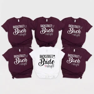 Backstreet Bach bachelorette party matching shirts with bride and team bride designs in burgundy and white
