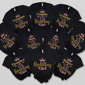 Family matching birthday shirts with crown design for first birthday girl, including mom, dad, grandma, grandpa, and siblings.