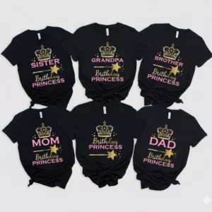 Black birthday princess family matching shirts for mom, dad, sister, brother, and grandpa with crown and star design