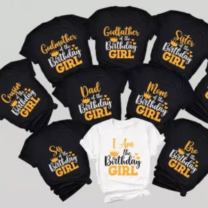 Matching first birthday family shirts set with birthday girl and family member roles in coordinated party outfits