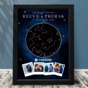 Personalized star map photo collage frame with song code, names, date, and couple photos