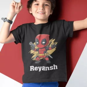 Boy wearing custom superhero name kids T-shirt by Divine Bonds