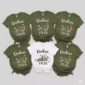 Family matching Dubai 2026 vacation shirts with colorful skyline design
