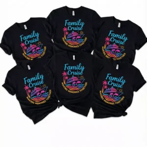 Family cruise matching shirts with colorful tropical cruise ship design and “Making Memories Together” text.