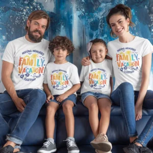 Parents and kids wearing matching family vacation T-shirts with colorful travel-themed design, ideal for holidays, trips, and family photos.