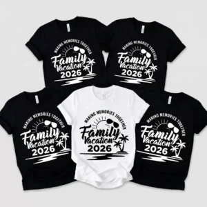 Family Vacation 2026 matching shirts with beach theme for mom, dad, and kids