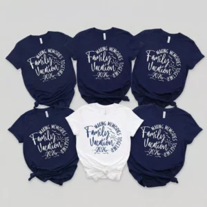 Family wearing matching “Making Memories Together” vacation shirts for a 2026 family trip.
