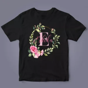 Floral Initial Personalized Kids T-Shirt flatlay with custom name design