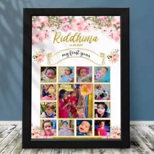 Luxury personalized baby first year photo frame with floral gold design and 12 month collage, custom first birthday keepsake gift.