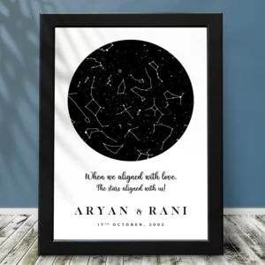Minimalist personalized star map frame with couple names and special date