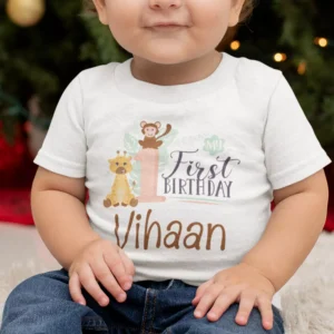 Personalised 1st birthday cartoon name T-shirt for boys with cute animal design