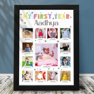 Personalised baby first year photo collage frame with 12 monthly pictures, custom name, and birthday memory design.