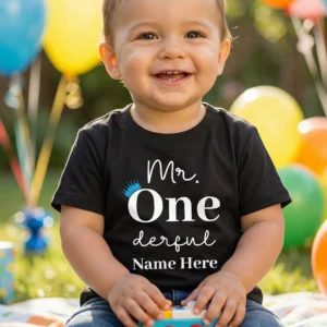 Baby boy wearing personalised first birthday T-shirt with Mr One-derful design and custom name print