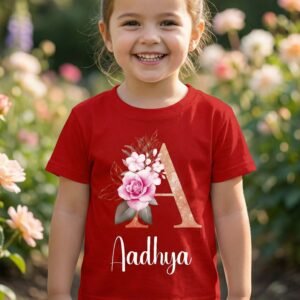 Personalised Kids Name Initial T-Shirt – Custom Floral Letter Print Tee for Children